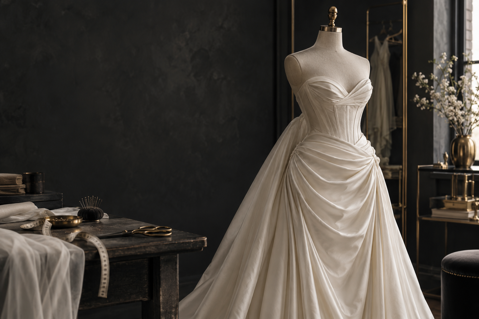 Dress form and tailoring tools in an atelier